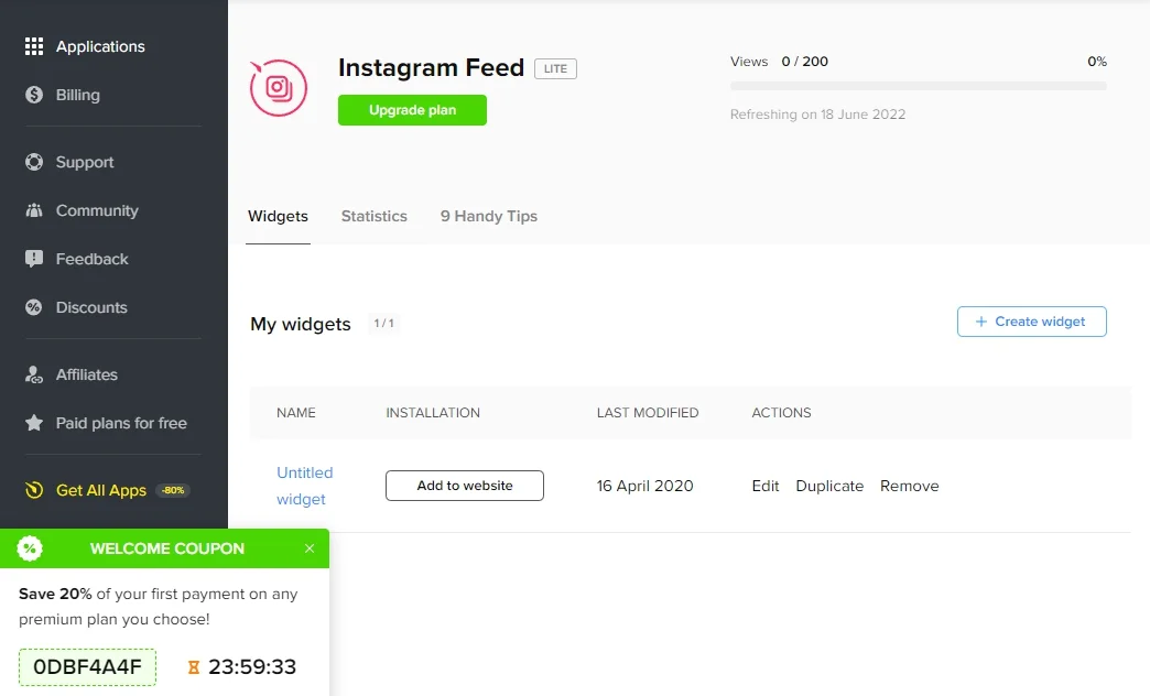 Generate installation code of Elfsight Instagram Feed
