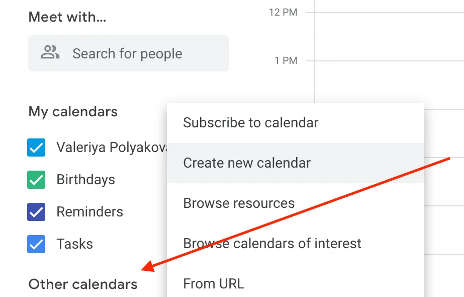 Google Calendar create new