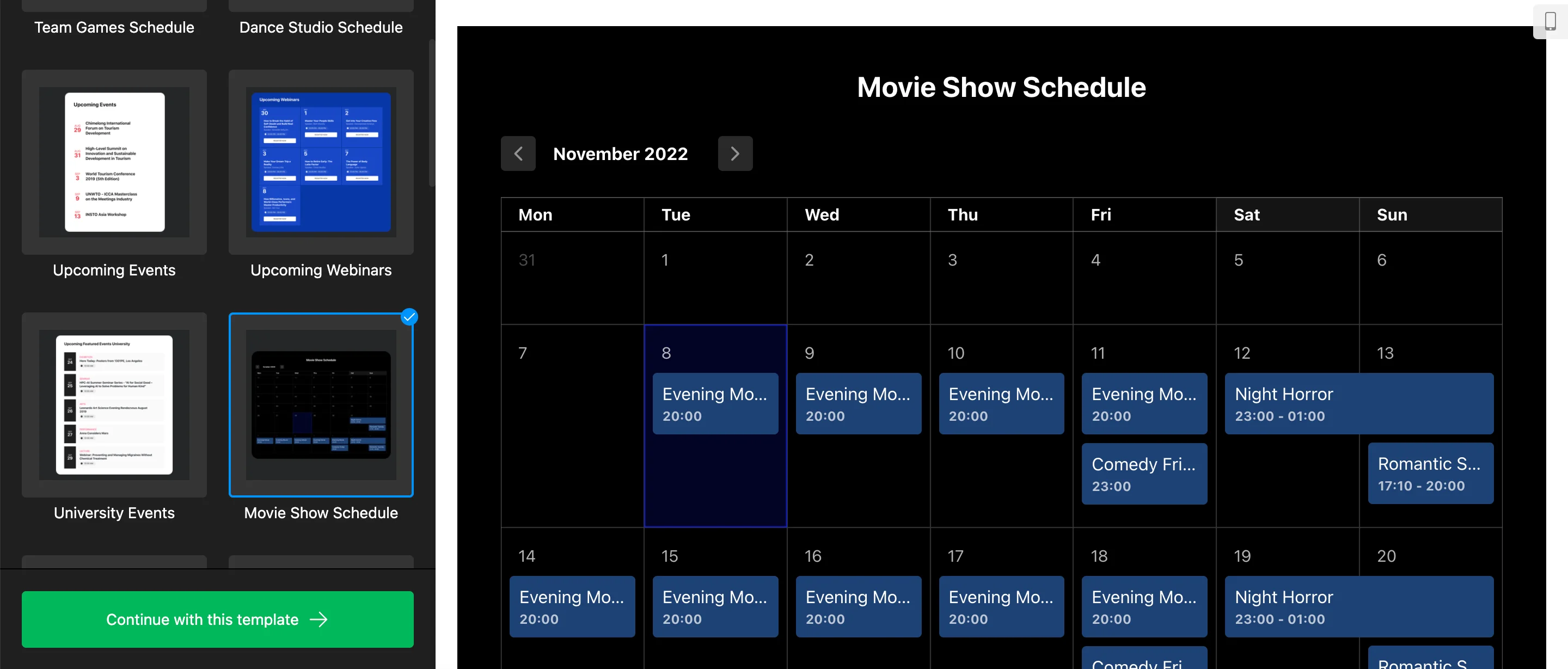 Event Calendar example - movie show schedule