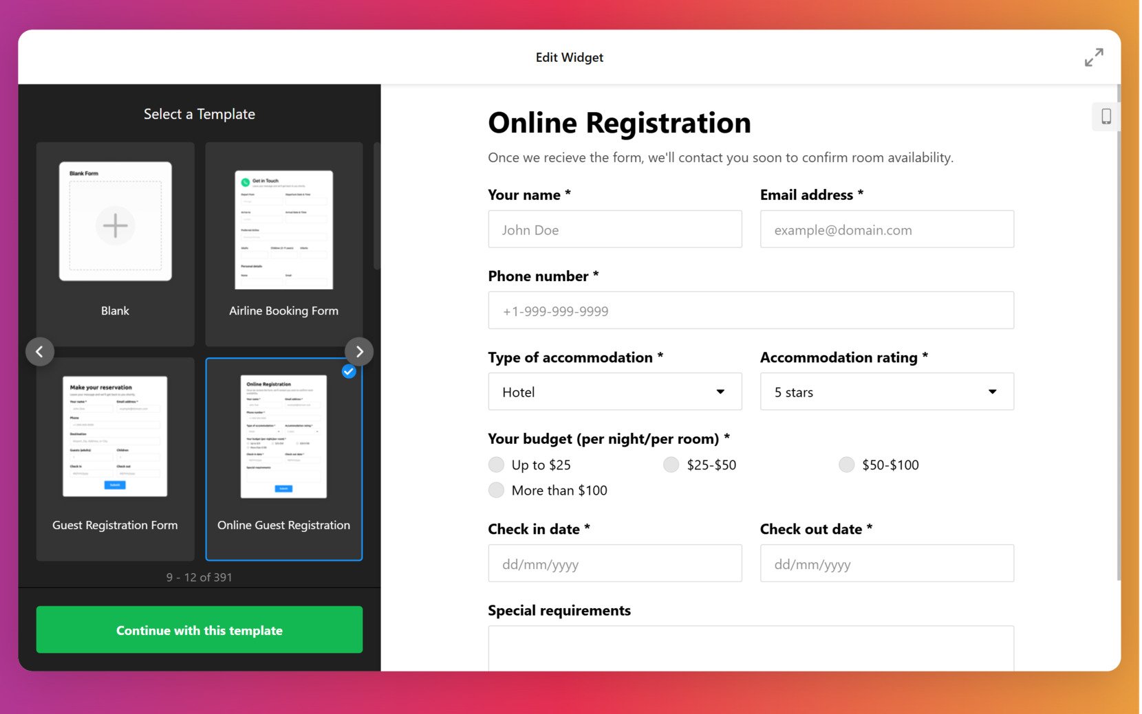 Select a form generator template