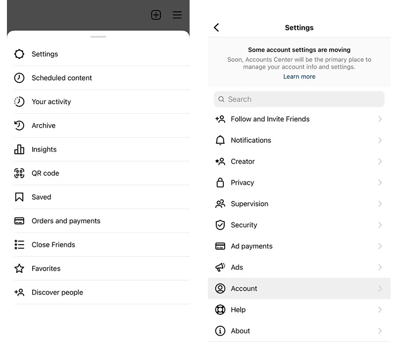Instagram account settings menu