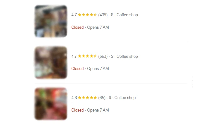 Three coffee shops on Google Reviews