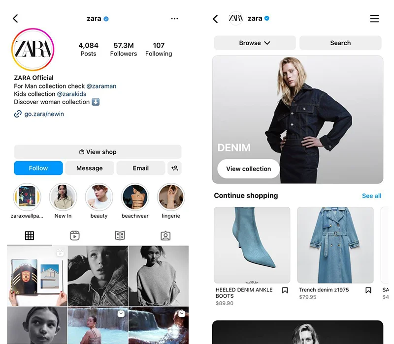 Zara Instagram Shopping account