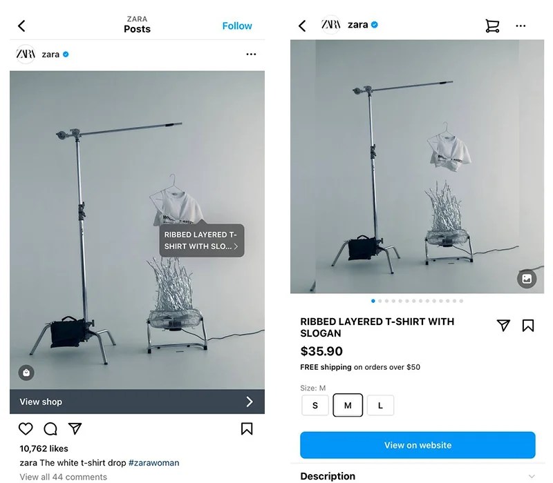 Zara Instagram Shopping product page
