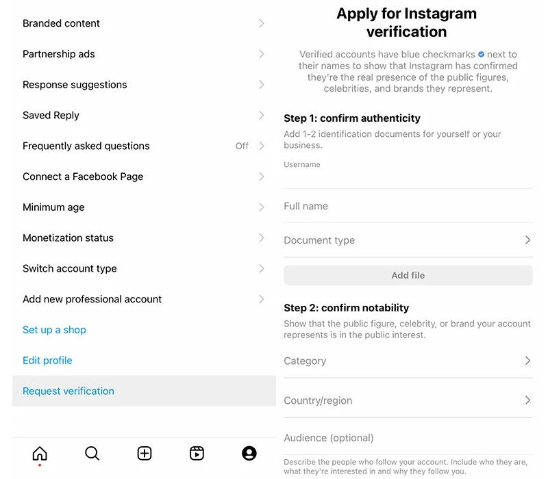Request verification in Instagram settings