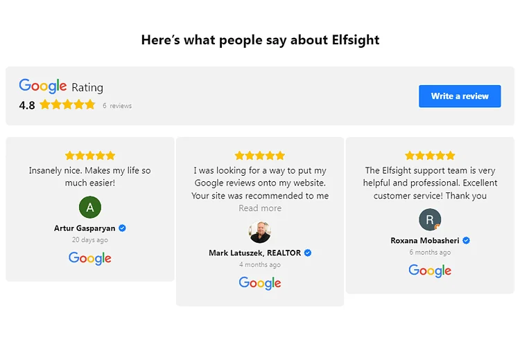 Elfsight Google Reviews widget on a website