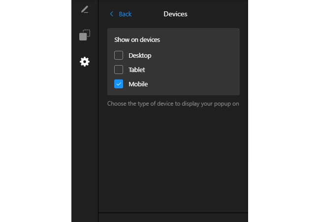 Mobile popup devices settings