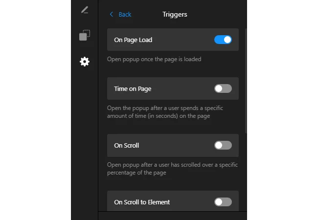 Mobile popup triggers settings
