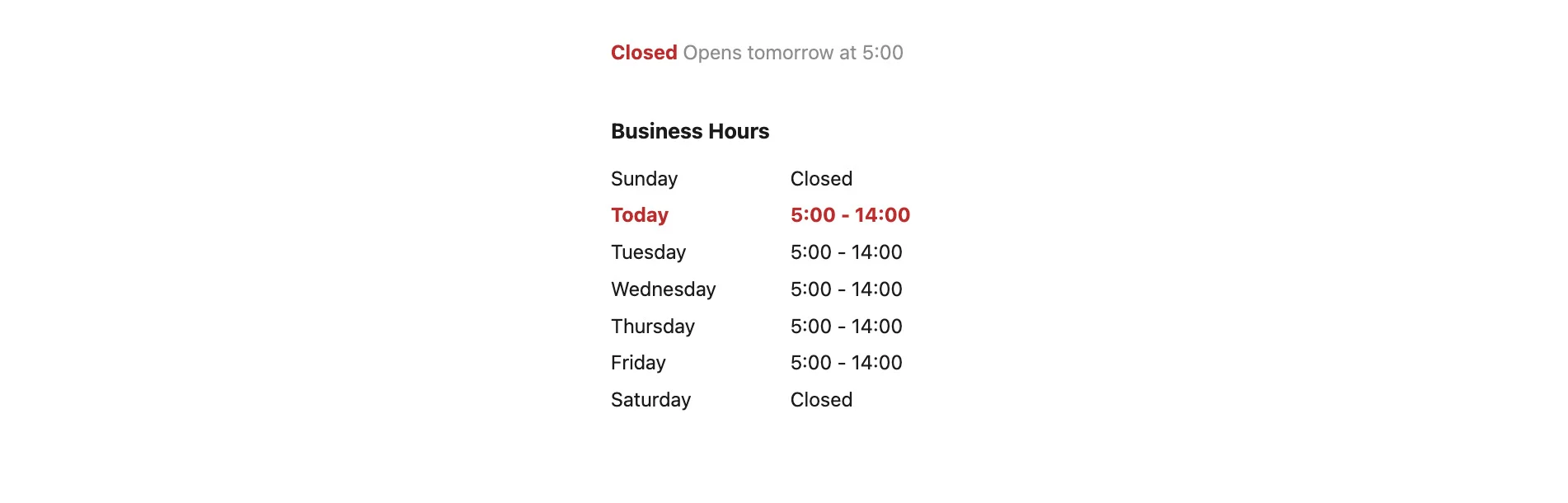Business Hours Example widget