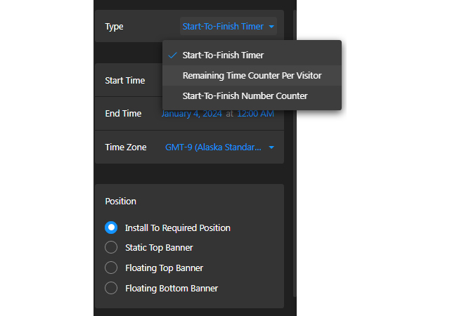 Countdown timer creator settings