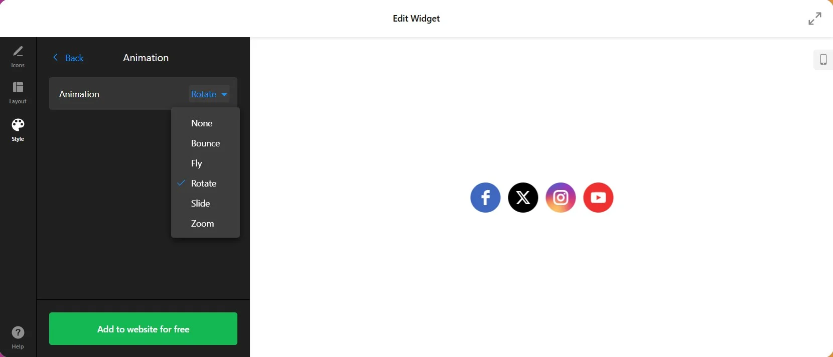 Embed Social media icons to website: add animation