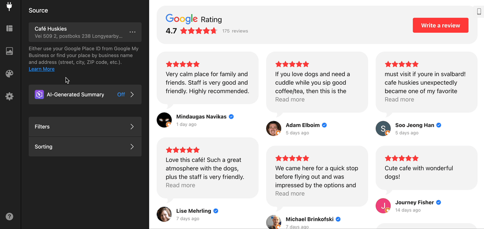 embed Google Reviews and activate Photos feature