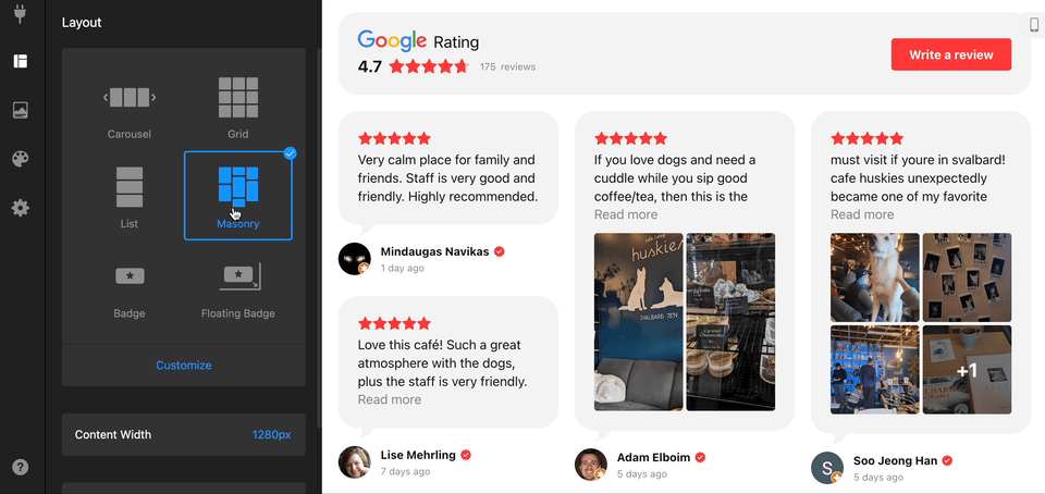 embed Google Reviews with Photos layout and header