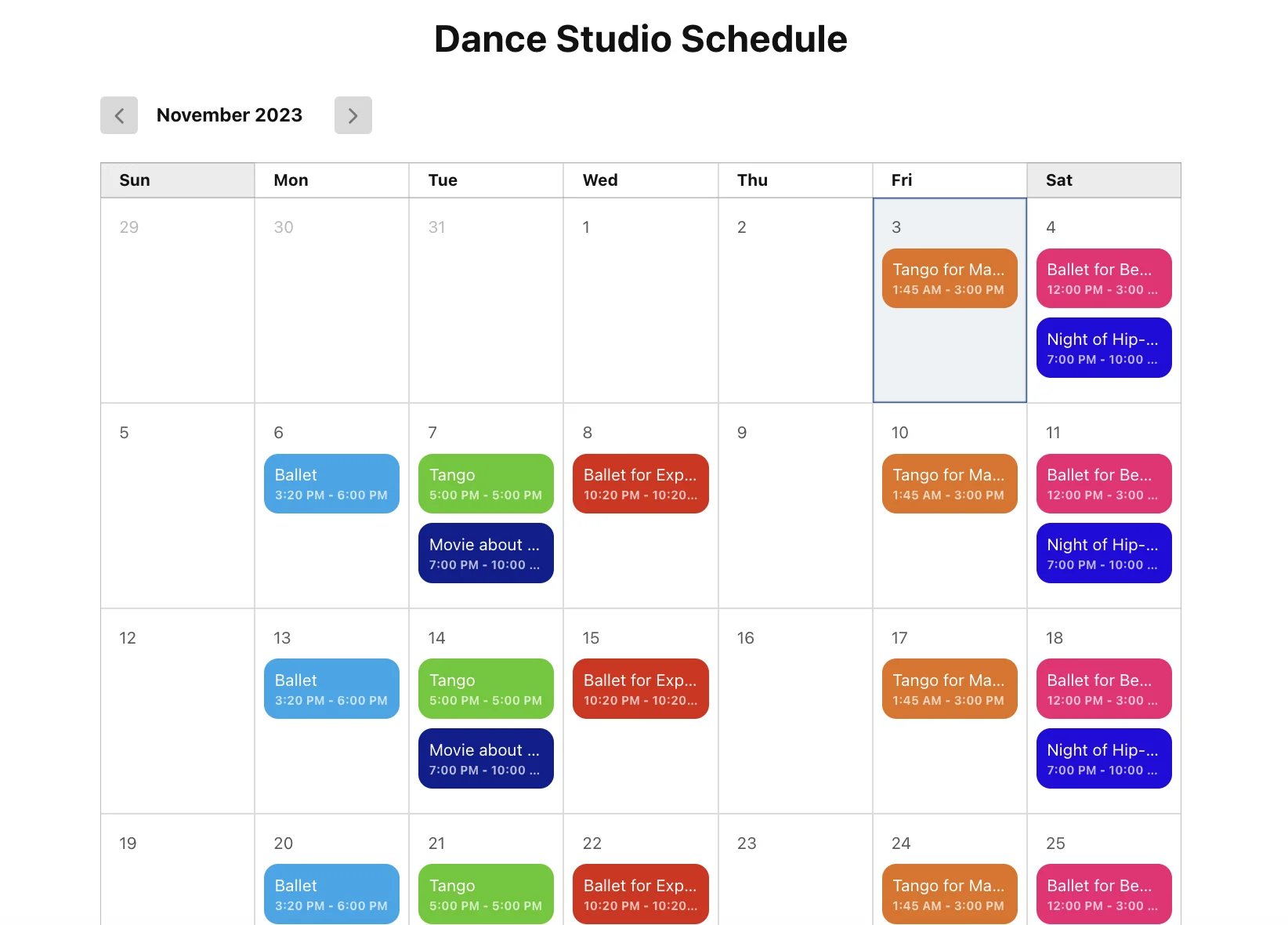 Dance Studio Schedule template for the Event Calendar plugin for Webflow
