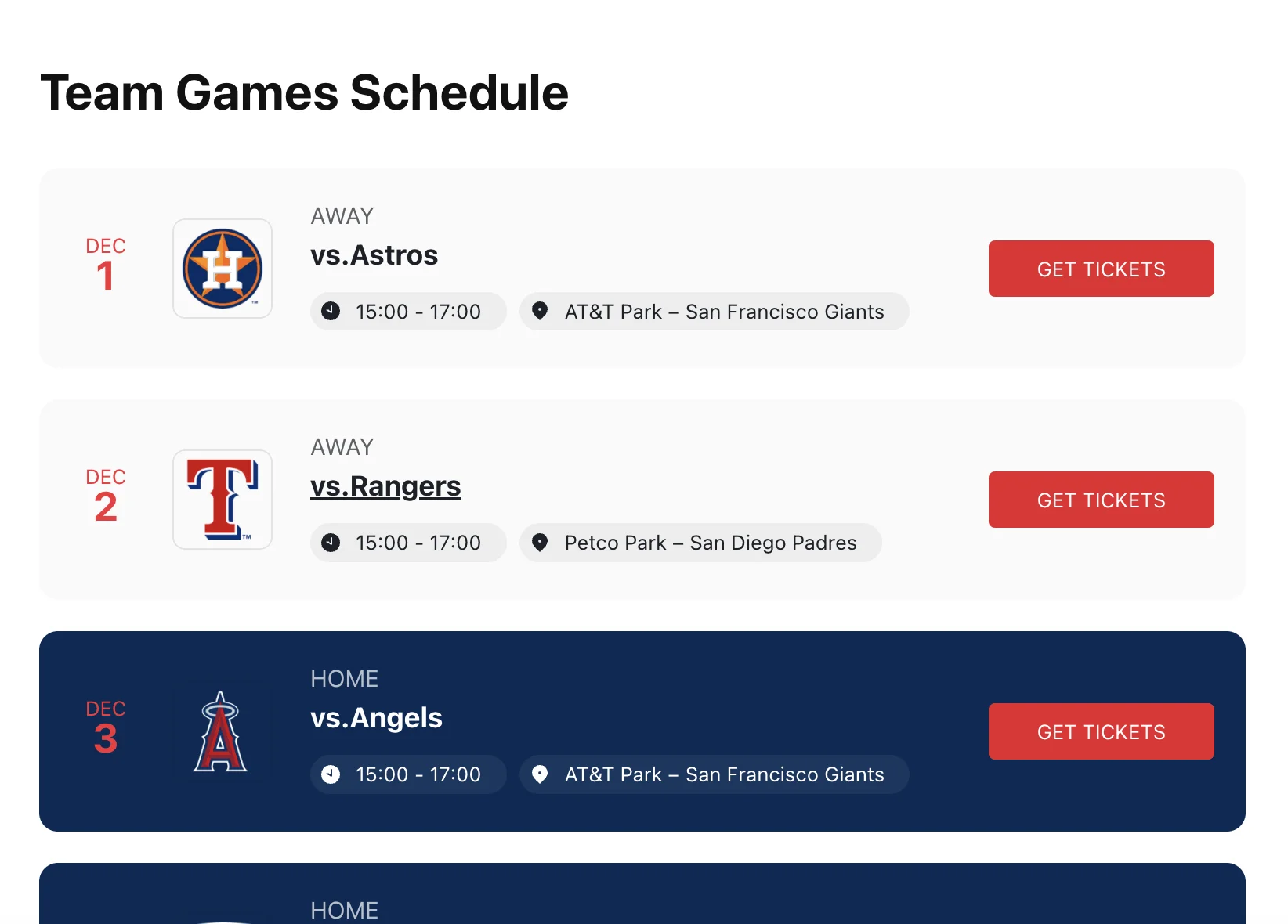 Team Games Schedule template for the Event Calendar plugin for Webflow