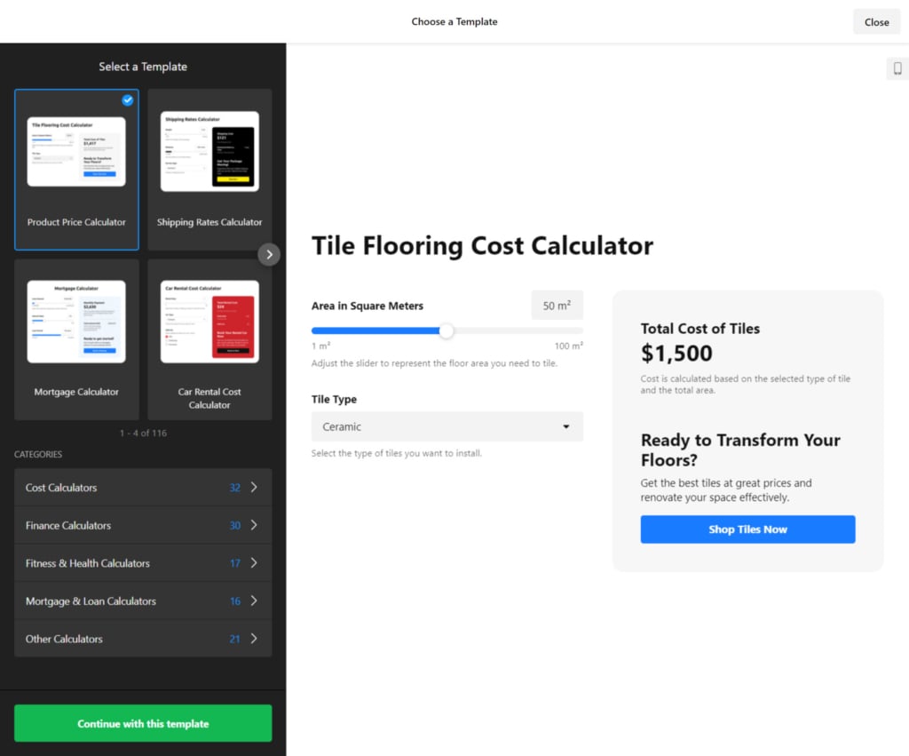 Choose a website calculator template