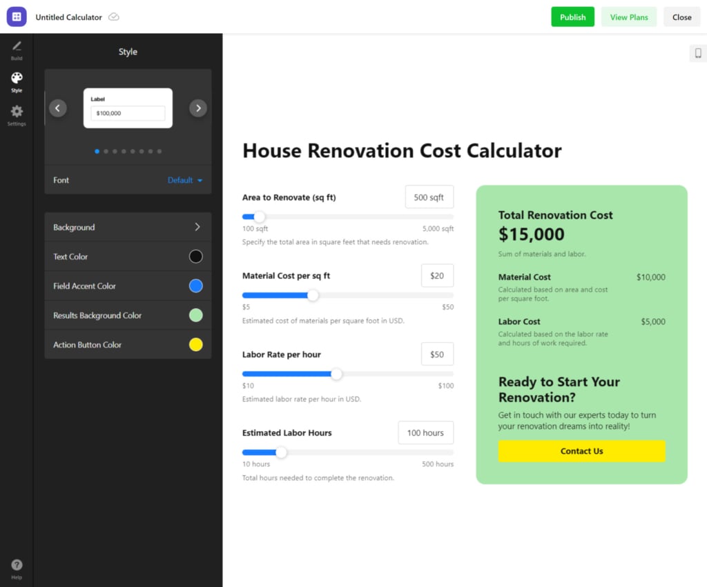 Customize the design of a website calculator