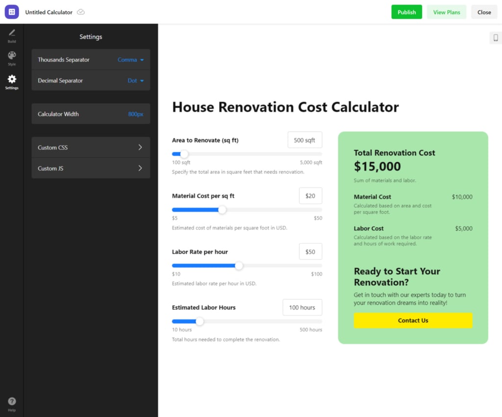 Change settings of the calculator widget