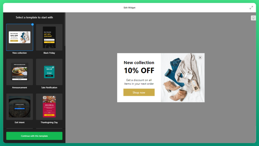 Select Shopify Popup app template