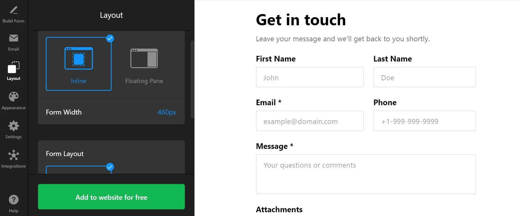 Free contact form Generator: Define Layout