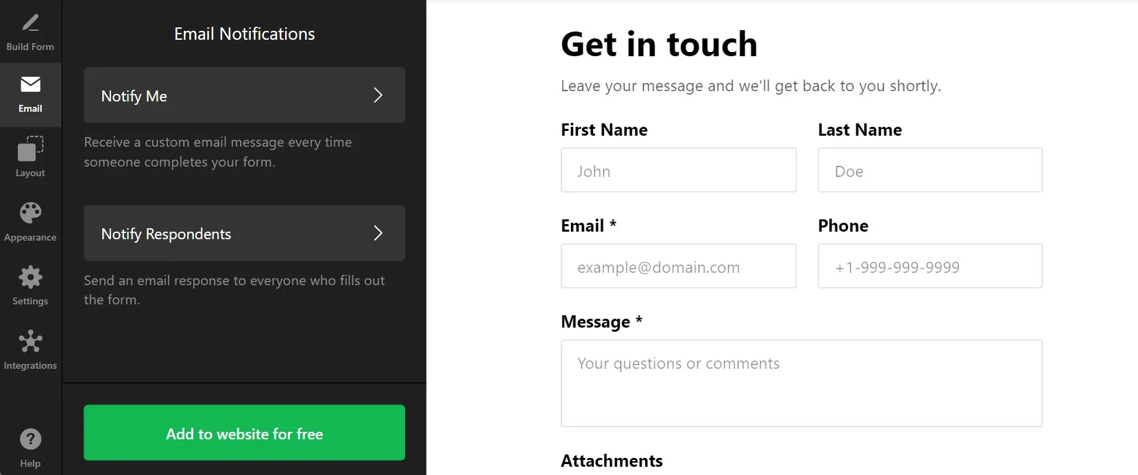 Free contact Form Generator: Notifications