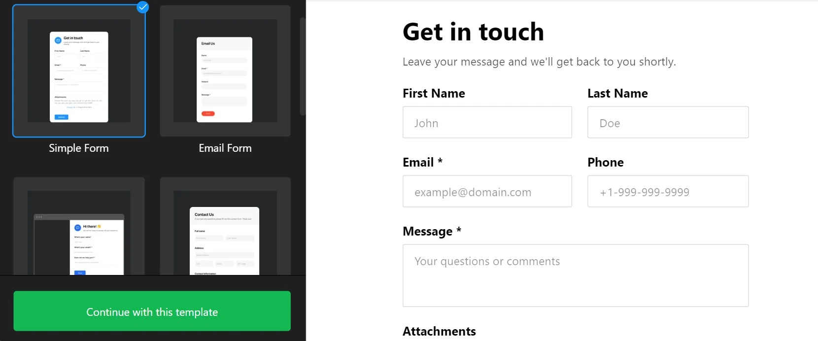 Contact Form Generator: Select template