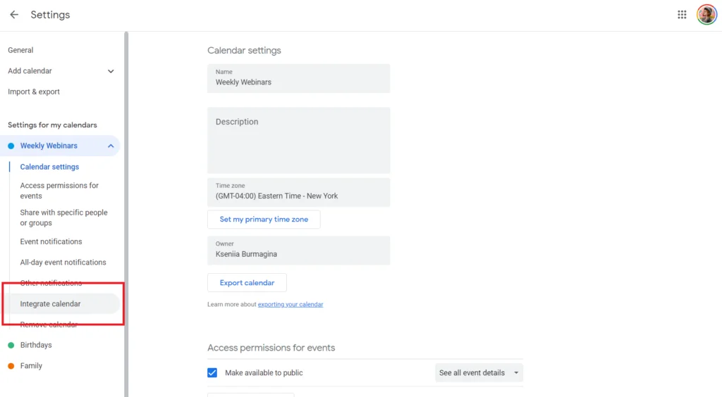 choose calendar for embedding