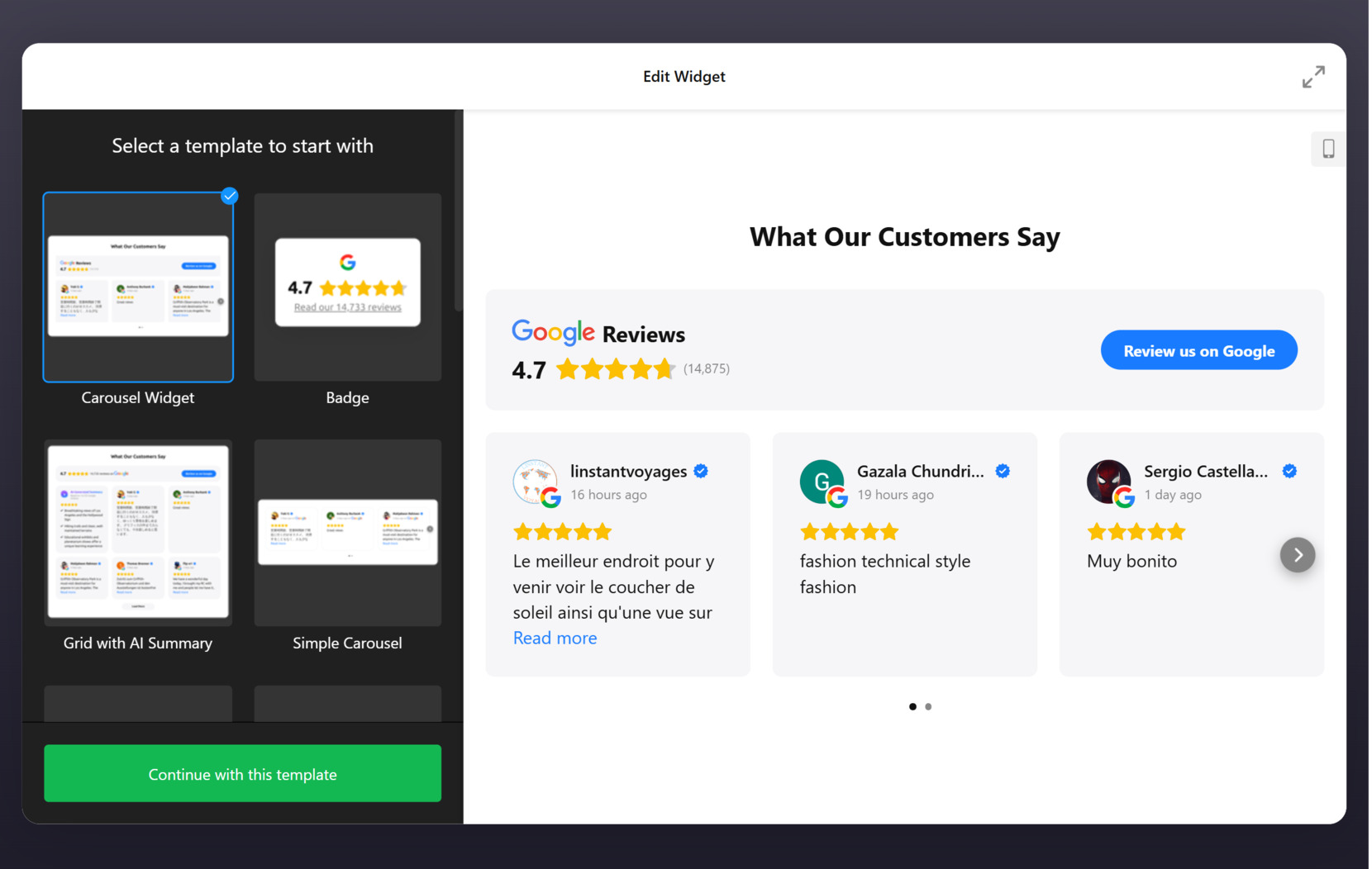 Choose a template for the Google Reviews widget