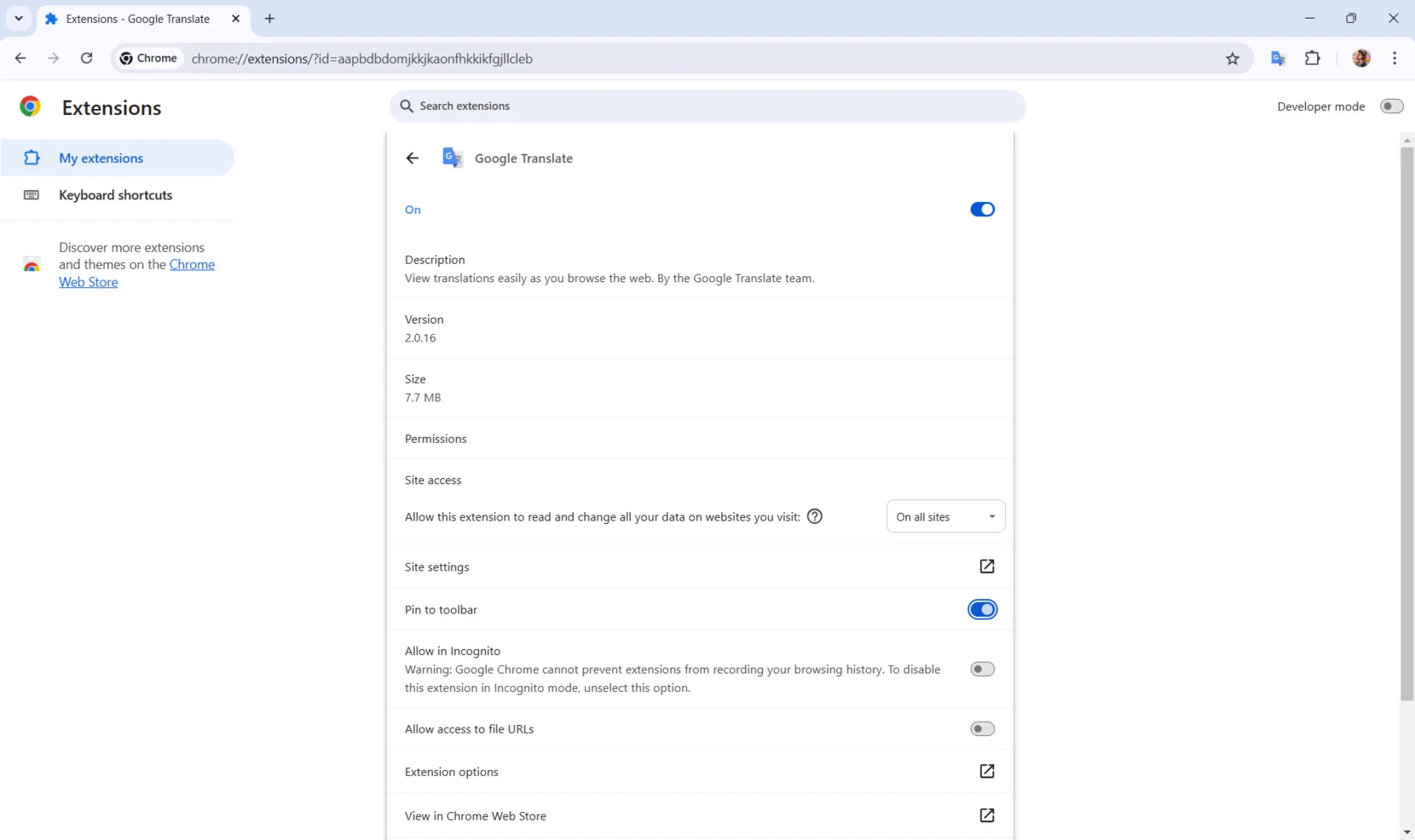 Settings of the Google Translate extension