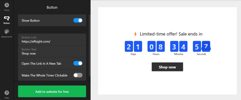 Countdown Timer widget cta button for Shopify website