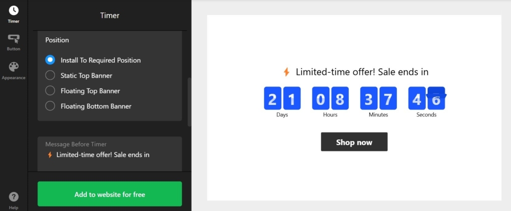 Countdown Timer widget position for Shopify website