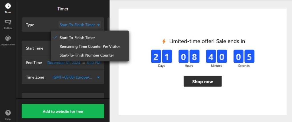 Set the countdown duration, starting date, and time zone according to your specific needs