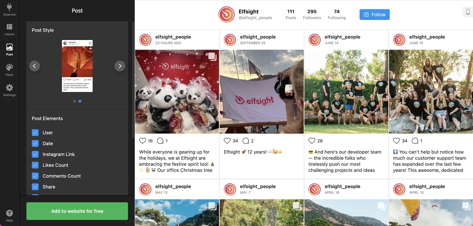 Pick post elements to add Instagram Feed to Squarespace website