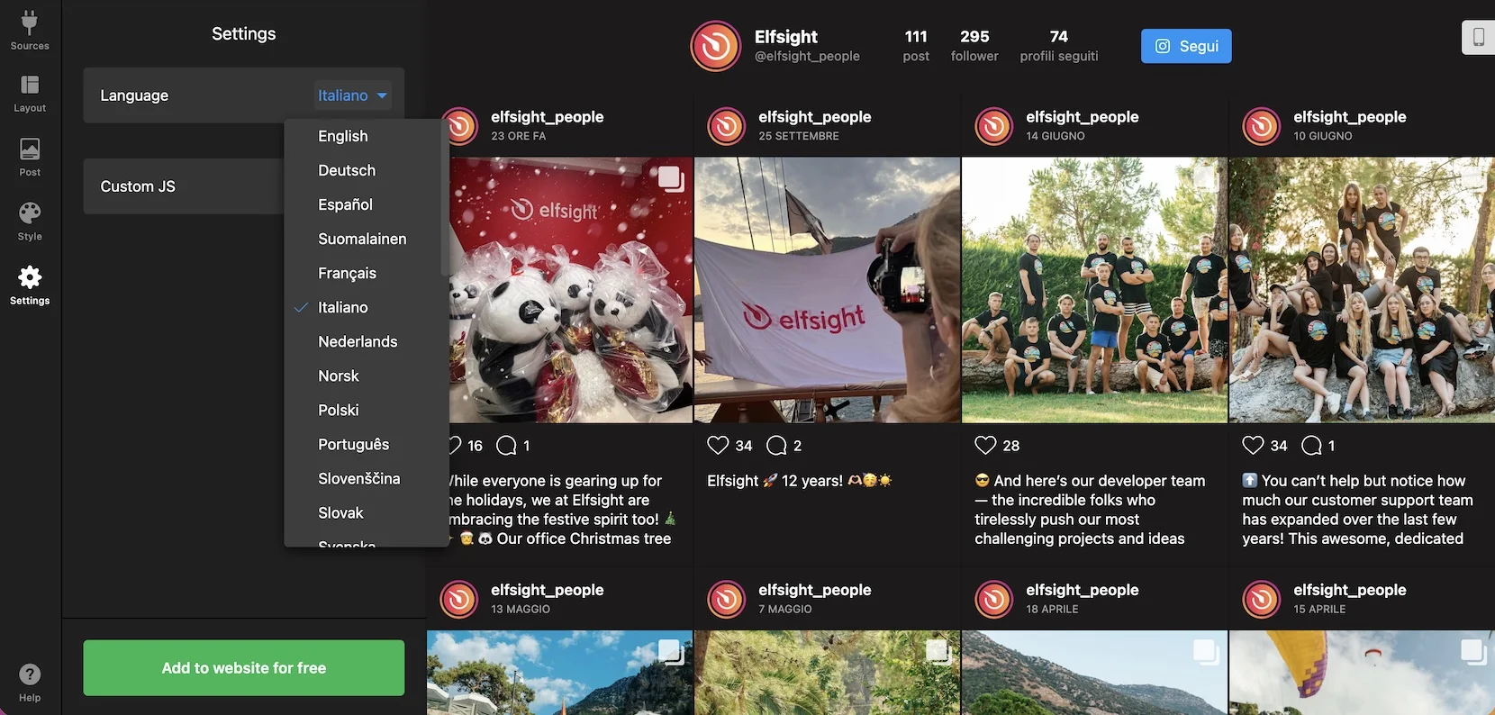 Choose a language to add Instagram Feed to Squarespace website