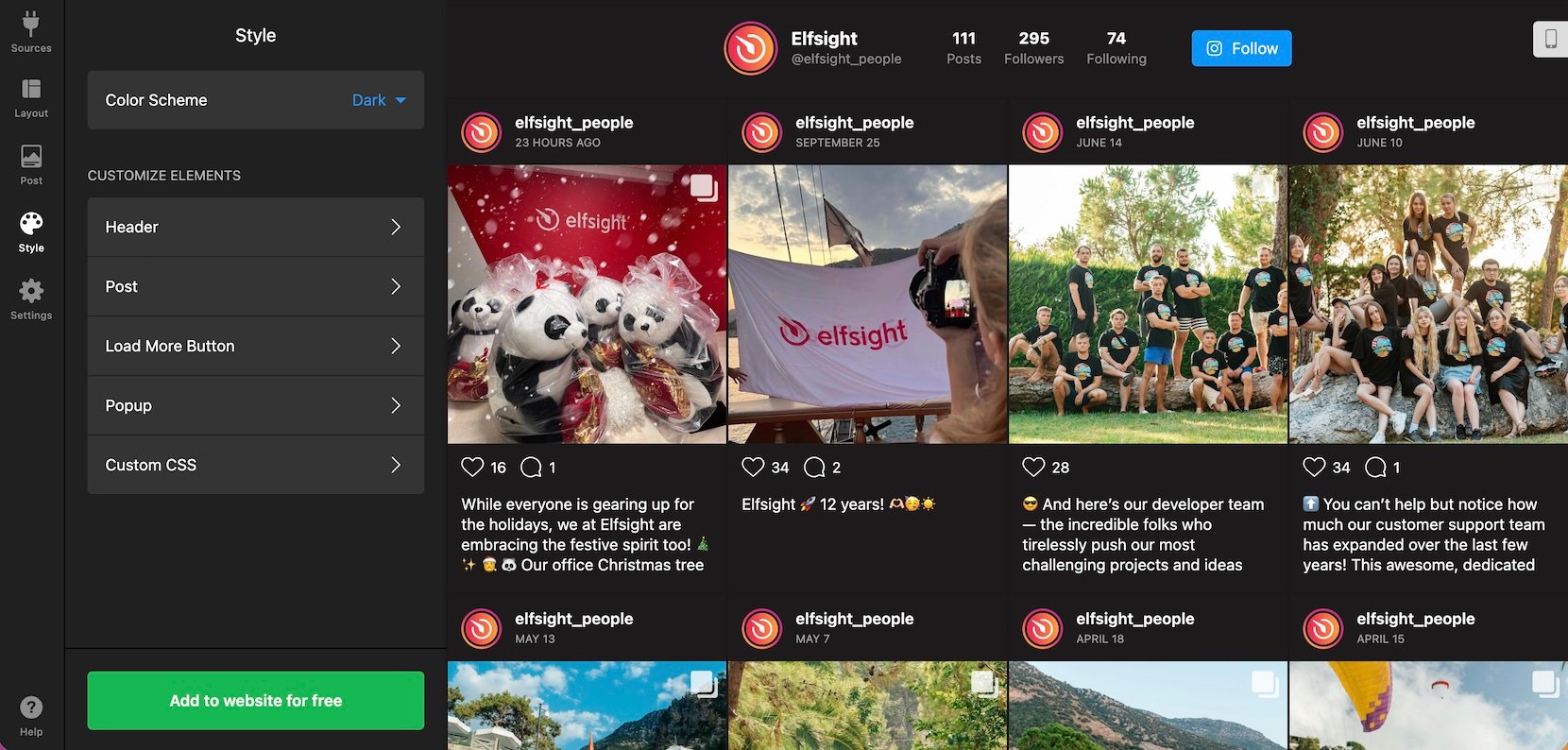 Select a color scheme and elements to add Instagram Feed to Wix website