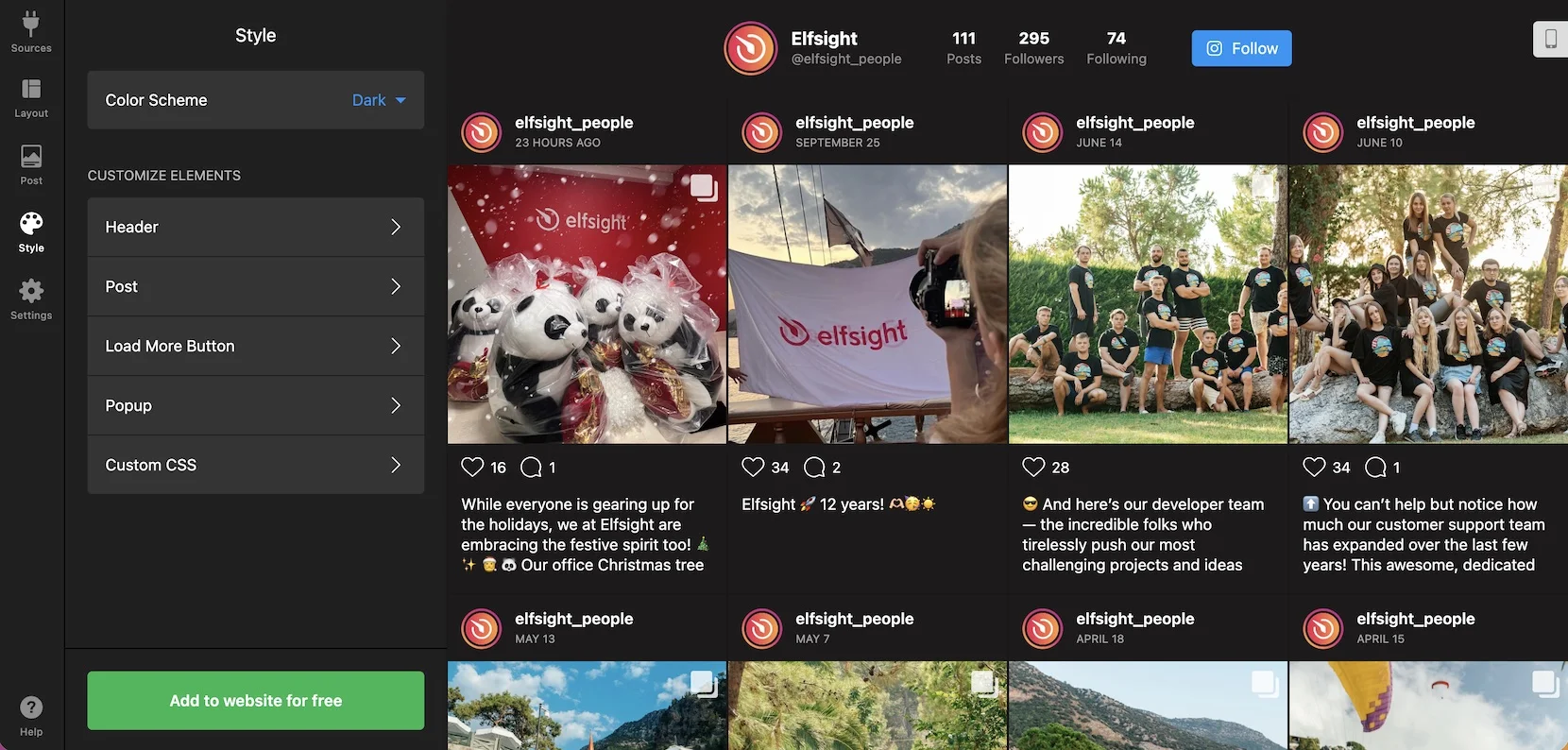Select a color scheme and elements to embed Instagram Feed on any website