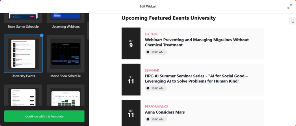 Add Events Calendar to a website: University Events template