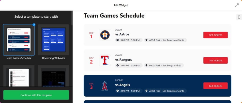 Add Events Calendar to a website: Team Games Schedule template