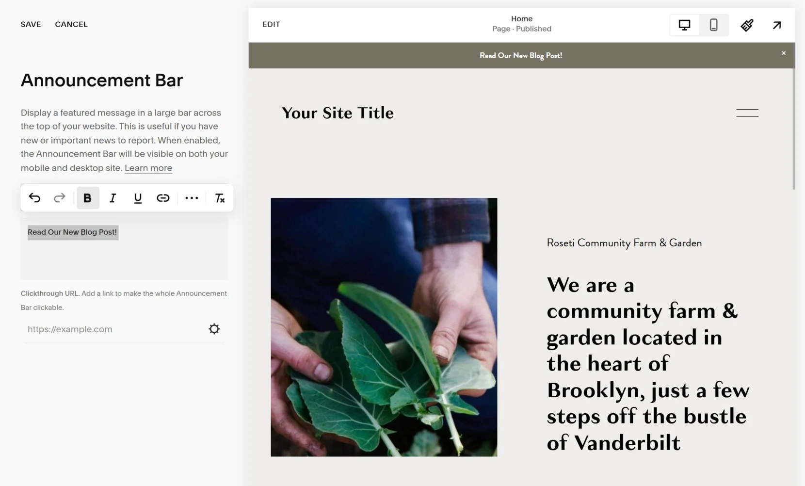 Add announcement bar to Squarespace website