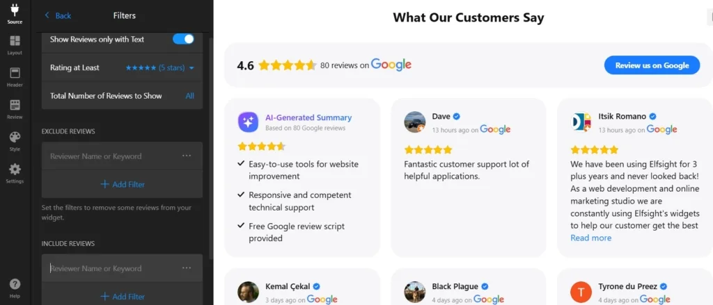 Elfsight's Google Reviews Filters