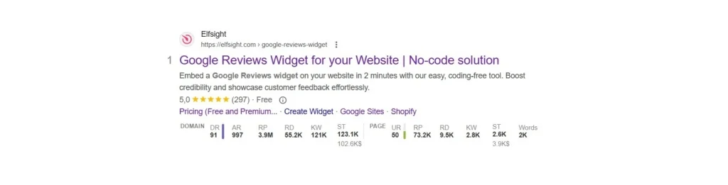 Wix Google Reviews rating snippet in search results