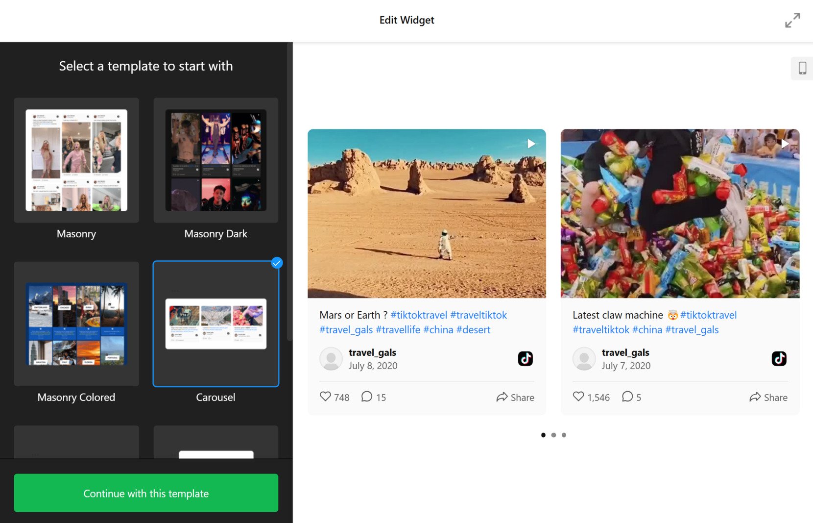 Embed TikTok feed on website - select a template