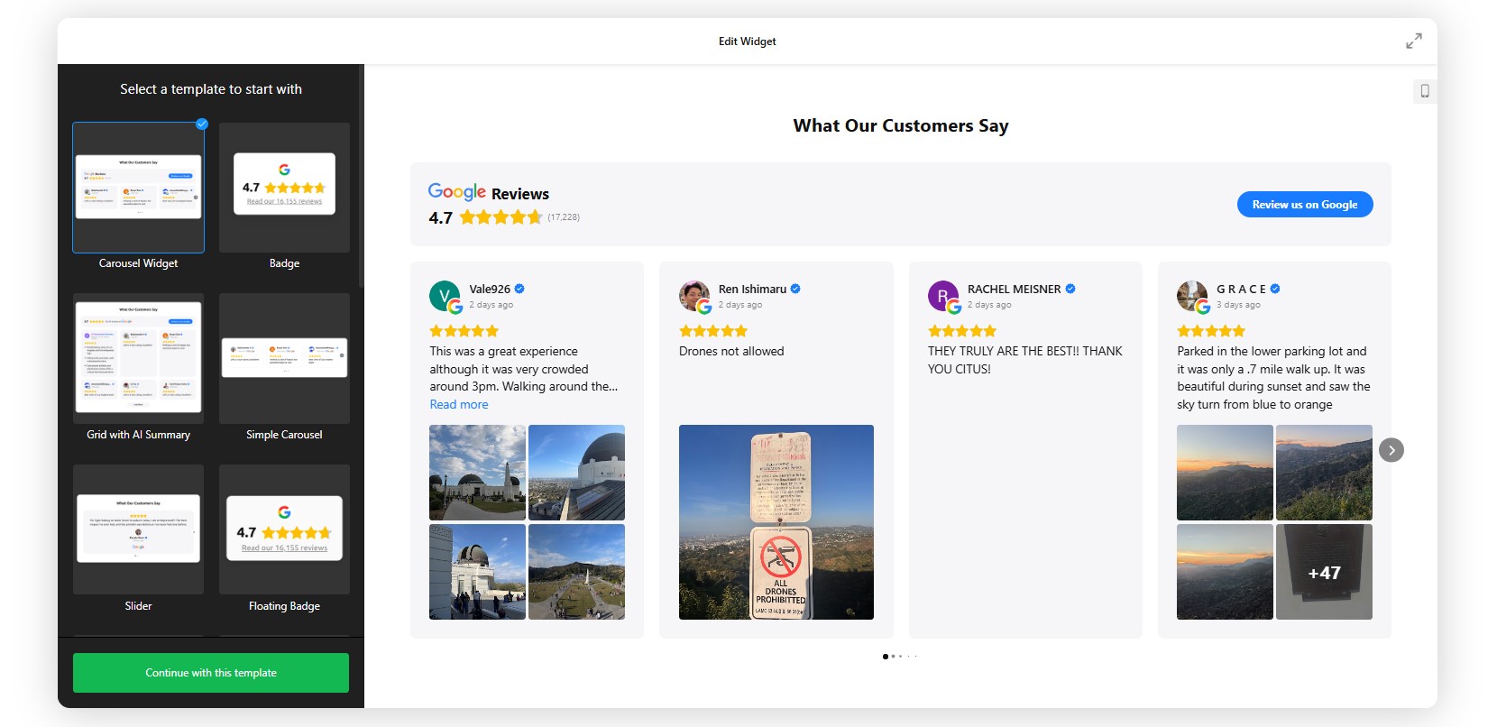 How to add Google Reviews to Elementor: select a template