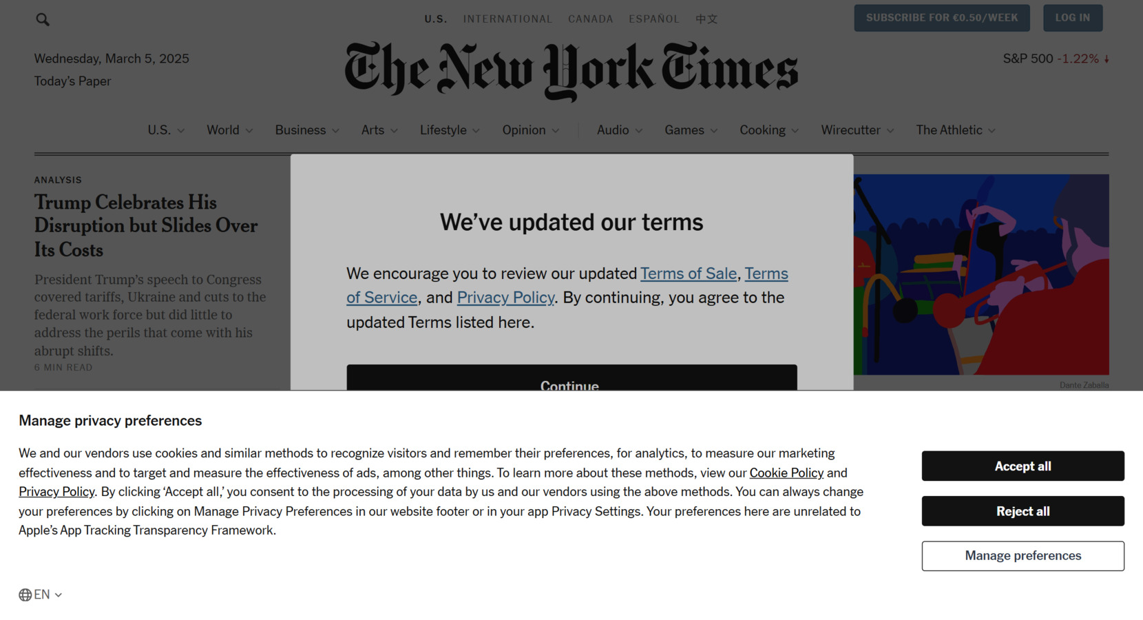 Cookie Concent banner - NYT