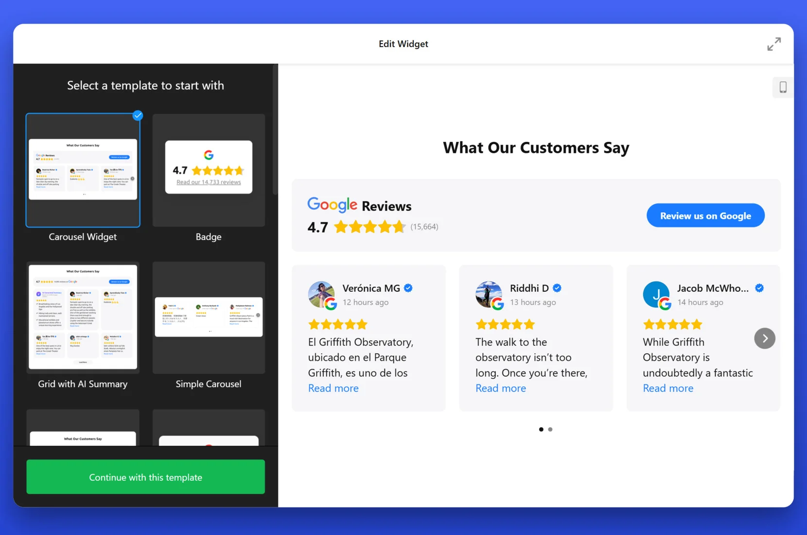 Select a layout for Google Reviews plugin