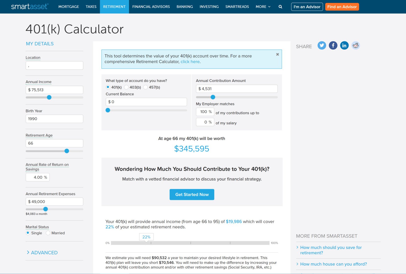 Free 401k calculator 