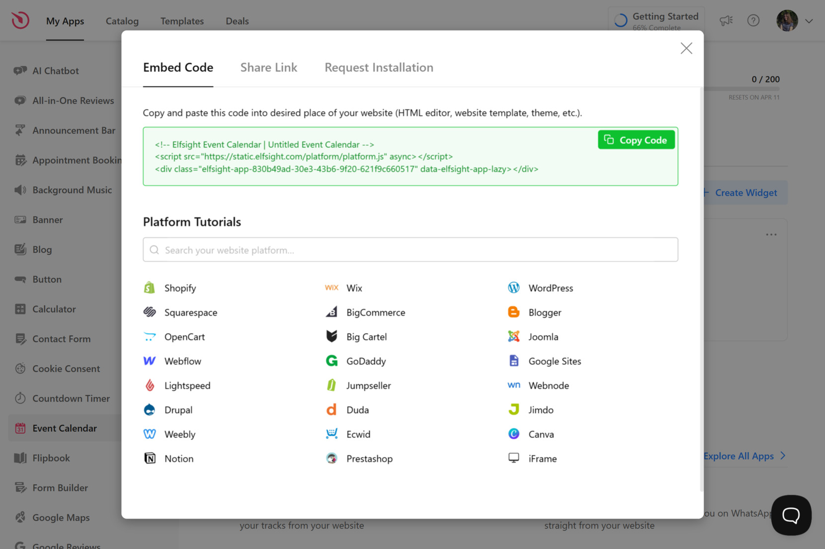 Generate the events calendar short code and embed to your website