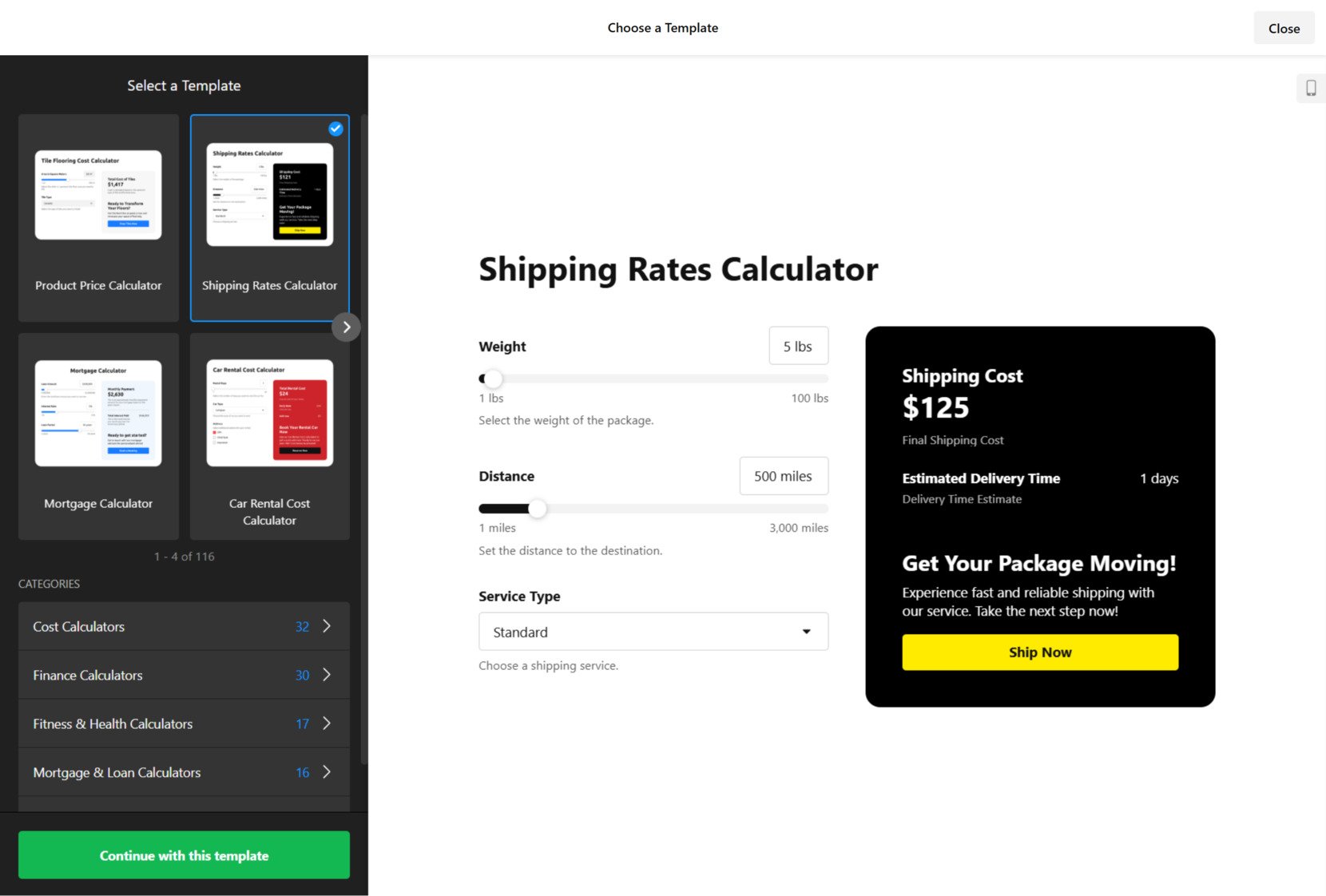Pick a calculator template