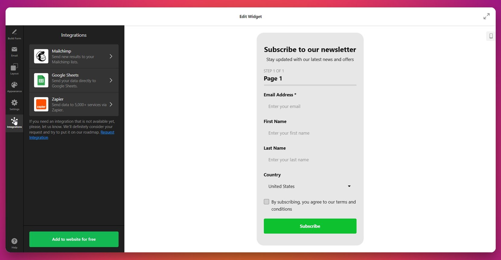Set integrations for your form