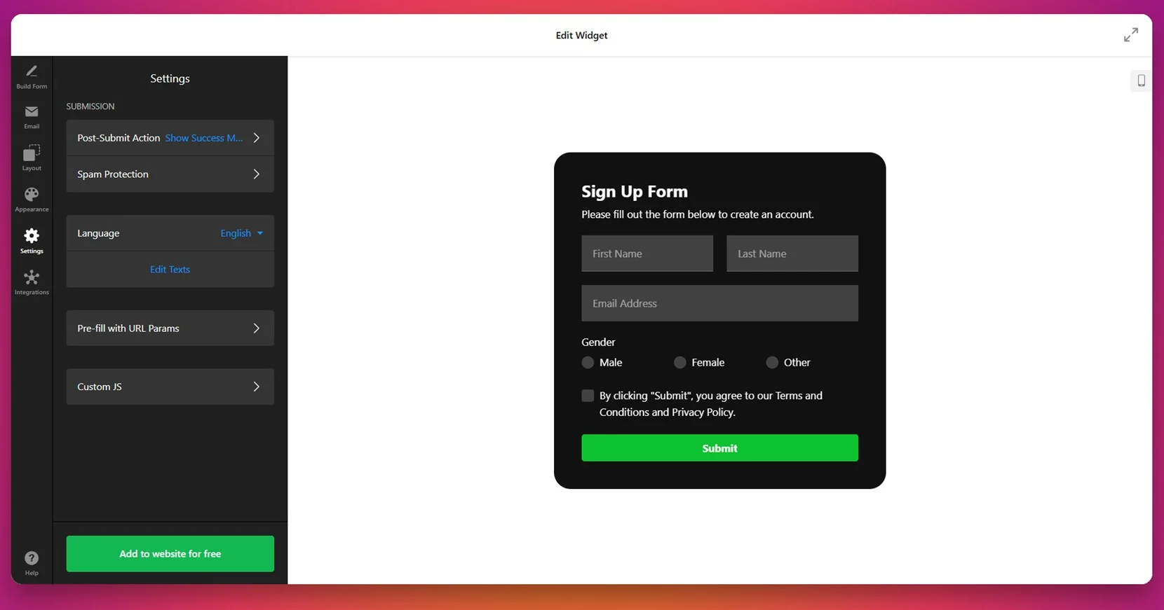 Finalize the form's settings